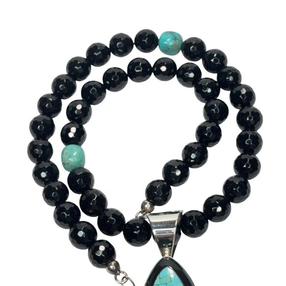 Jay King Black Chalcedony & Turquoise Necklace Mosaic Pendant Sterling Silver - Picture 3 of 11